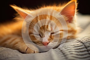 Cute little ginger kitten sleeping on the bed. Shallow depth of field, Gigner kitten sleeping, AI Generated