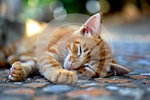 Cute little ginger kitten sleeping on the ground. Close up.