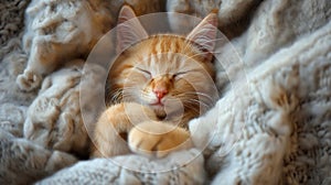 Cute little ginger kitten is sleeping in soft blanket