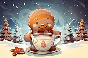cute little gingerman drink hot chocolate in winter