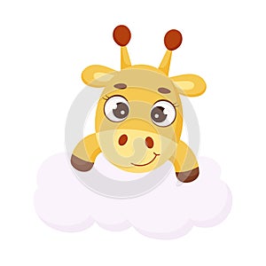 Cute little giraffe on cloud. Funny cartoon character for print, sticker, greeting cards, baby shower, invitation, home decor.
