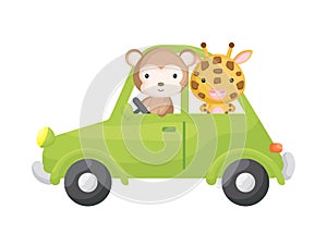 Cute little giraffe and monkey driving green car. Cartoon character for childrens book, album, baby shower, greeting card, party