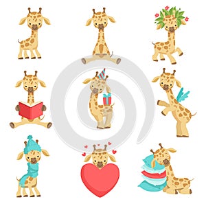 Cute little giraffe set, funny jungle animal cartoon character in different situations vector Illustration on a white
