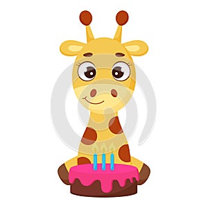 Cute little giraffe sitting with cake. Funny cartoon character for print, greeting cards, baby shower, invitation, wallpapers,