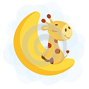 Cute little giraffe sleeping on moon. Funny cartoon character for print, greeting cards, baby shower, invitation, wallpapers, home