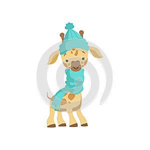 Cute little giraffe wearing blue knitted hat and scarf, funny jungle animal cartoon character vector Illustration on a