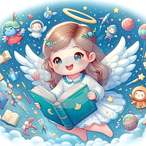 Cute little girl angel reading book in clouds fantasy imagination
