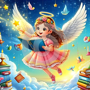 Cute little girl angel reading book reaching for the stars