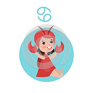 Cute little girl as Cancer astrological sign, horoscope zodiac character colorful cartoon Illustration
