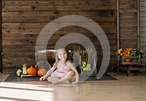 Cute little girl in autumn decoration. Halloween. Studio shot