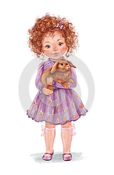 Cute little girl with a baby ginger rabbit in her arms. Hand-painted baby with curly red hair. Illustration of the baby girl.