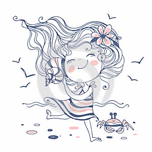 Cute little girl on the beach listening to a seashell. Vector