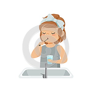 Cute little girl brushing her teeth, kid caring for teeth in bathroom vector Illustration on a white background