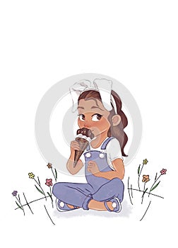 Cute little girl in a bunny costume with chocolate ice cream in her hands, sits in a lawn with flowers.