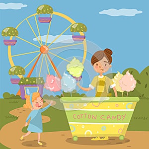 Cute little girl bying cotton candy from street food cart in front of ferris wheel in amusement park vector Illustration