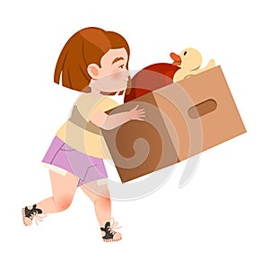 Cute little girl carrying cardboard box with toys. Family moving to new apartment cartoon vector illustration