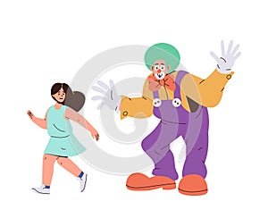 Cute little girl child cartoon character afraid of clown at kids party isolated on white background
