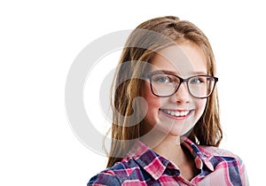 Cute little girl child preteen in eyeglasses education, school and vision concept