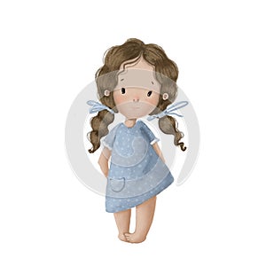 cute little girl in colorful dress, watercolor illustration with cartoon character