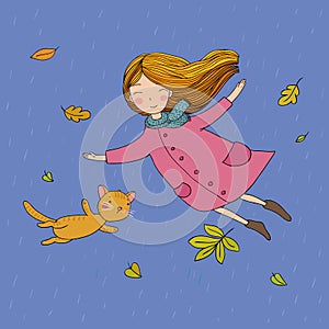 Cute little girl and a cute cartoon cat flying with autumn leaves.