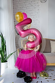 Cute little girl with dark hair, in a beautiful holiday dress and pink balloons for her birthday. The child is 5 years old