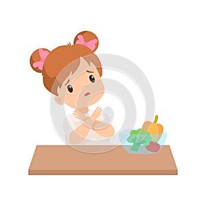 Cute Little Girl Does Not Want to Eat Vegetables, Kid Refusing to Eat Healthy Food Vector Illustration