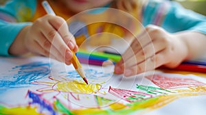 Cute little girl drawing with colorful pencils at home, closeup.