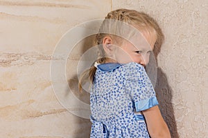 Cute Little Girl in Dress Isolated on Wooden Walls