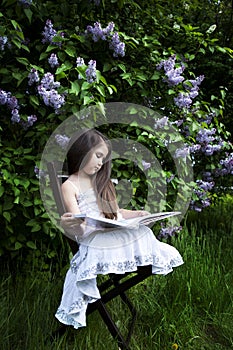 Cute little girl, dressed in a white dress, sitting in the garden in the park and reading a book. green and blooming lilacs