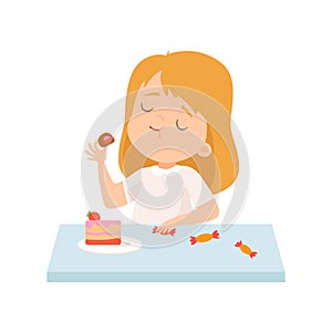 Cute Little Girl Eating Cake and Sweets Vector Illustration