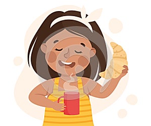 Cute little girl eating croissant and drinking tea. Happy kid having breakfast cartoon vector illustration