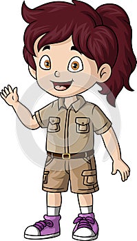 Cute little girl explorer cartoon waving hand