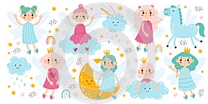 Cute little girl fairies and princesses with colorful hair in beautiful dresses vector illustration
