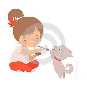 Cute Little Girl Feeding Her Puppy, Adorable Kid Caring for Animal Cartoon Vector Illustration