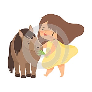 Cute Little Girl Feeding Pony with Grass, Adorable Kid Caring for Animal at Farm Cartoon Vector Illustration