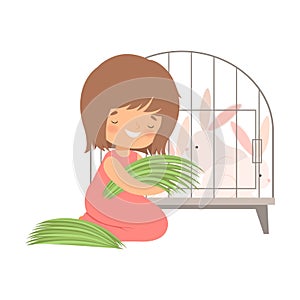 Cute Little Girl Feeding Rabbits in Cage with Grass, Adorable Kid Caring for Animal at Farm Cartoon Vector Illustration