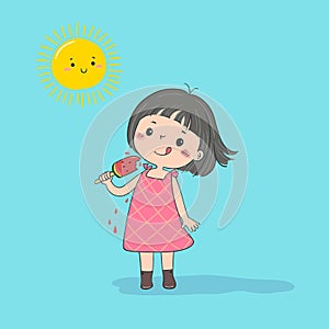 Cute little girl feeling happy with watermelon ice cream in hot sunny day