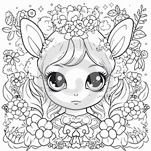 Cute little girl with flowers in her hair. Vector illustration for coloring book. Vector art