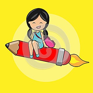 Cute little girl flying on top of a pencil.