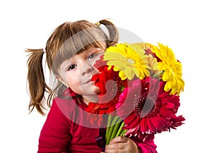 Cute little girl with gerbera flowers bouquet