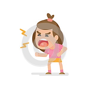 Cute little girl gets mad angry fighting and shouting expression, Vector illustration.