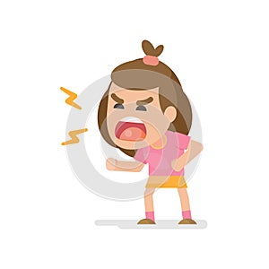 Cute little girl gets mad angry fighting and shouting expression, Vector illustration. photo