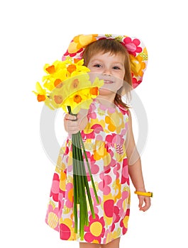 Cute little girl giving flowers