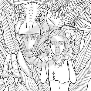 Cute little girl grawls together with an allosaurus among tropical leaves