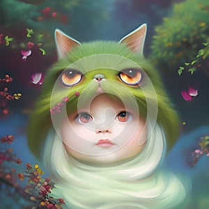 Cute little girl with green cat hood in fantasy land