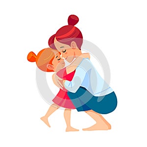 Cute little girl greeting her mother at home. Mother's day concept. Parent and child. Mom hugging her daughter with a