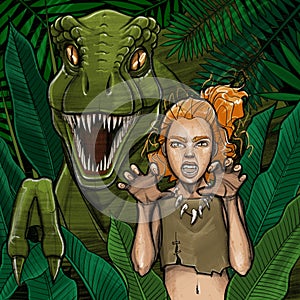 Cute little girl growls together with an allosaurus among tropical leaves