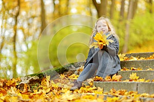 Cute little girl having fun on beautiful autumn day. Happy child playing in autumn park. Kid gathering yellow fall foliage.