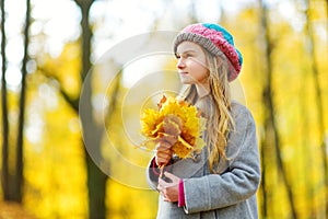 Cute little girl having fun on beautiful autumn day. Happy child playing in autumn park. Kid gathering yellow fall foliage.