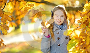 Cute little girl having fun on beautiful autumn day. Happy child playing in autumn park. Kid gathering yellow fall foliage.